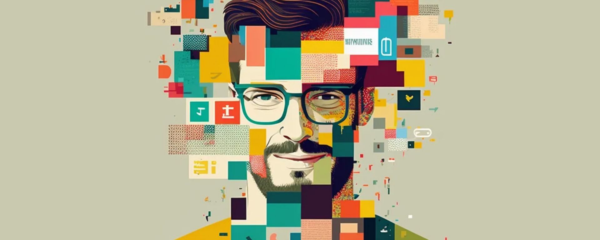 Digital artwork of a man's face composed of various colorful abstract and geometric shapes, symbolizing a complex and multifaceted personality. Elements of modern technology and intangible user experience are interspers