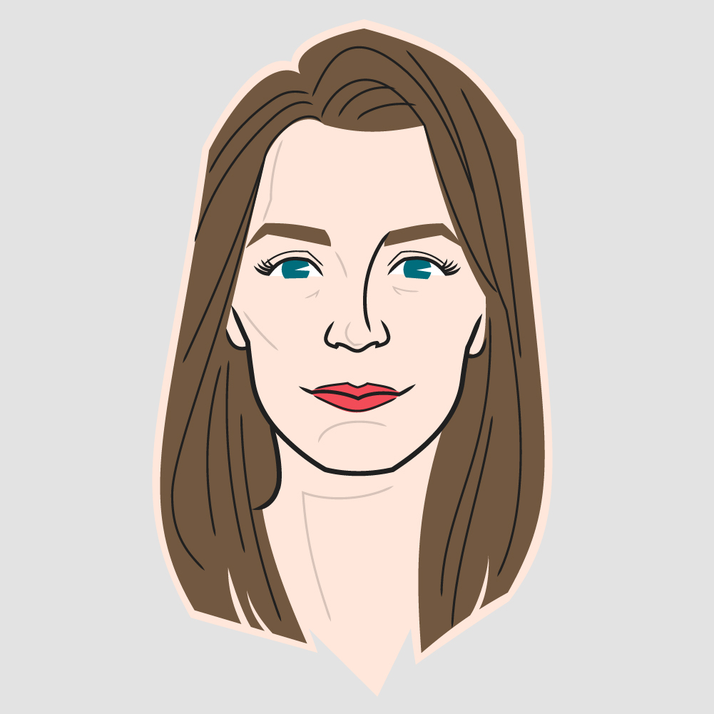 Illustration of a woman with medium-length brown hair, blue eyes, and red lipstick, featuring a minimalistic style with clear lines and subtle shading