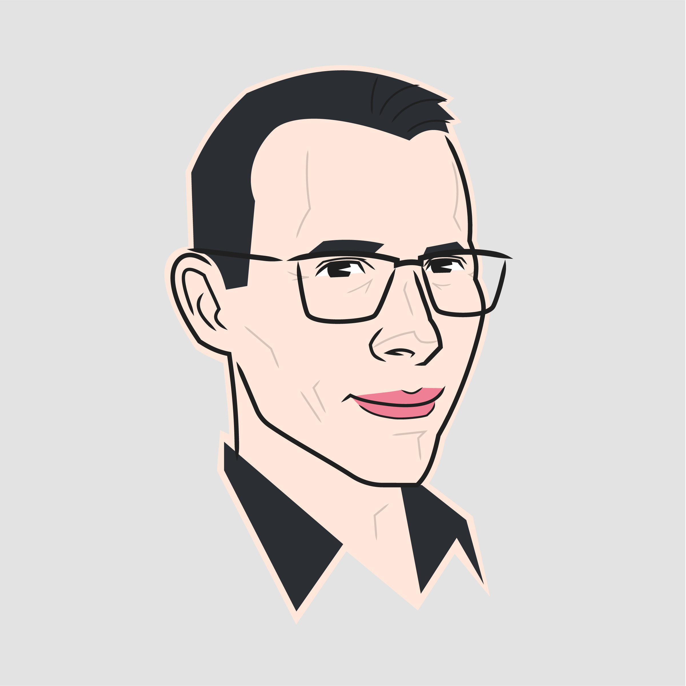 A vector illustration with dark, slicked-back hair, wearing glasses and a black collared shirt. He has a neutral expression.