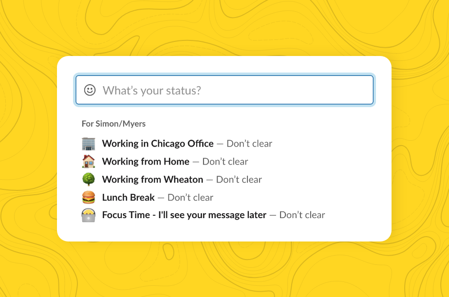 A digital interface showing a "stay connected" update box with multiple status options such as "working from home," "lunch break," and "focus time" with associated icons and locations.