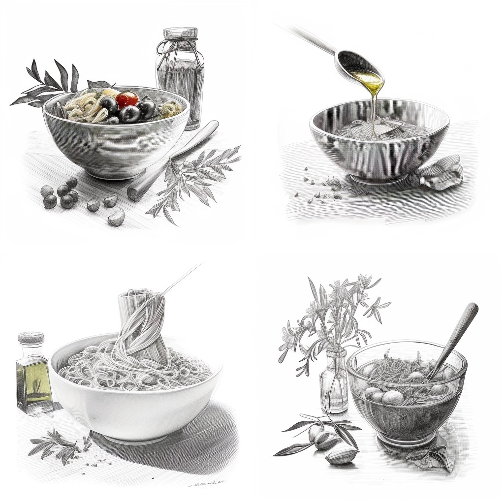 Four high-contrast black-and-white illustrations of pasta dishes, each with different ingredients like olives, herbs, and oil, artistically rendered with detailed shading on home security devices.