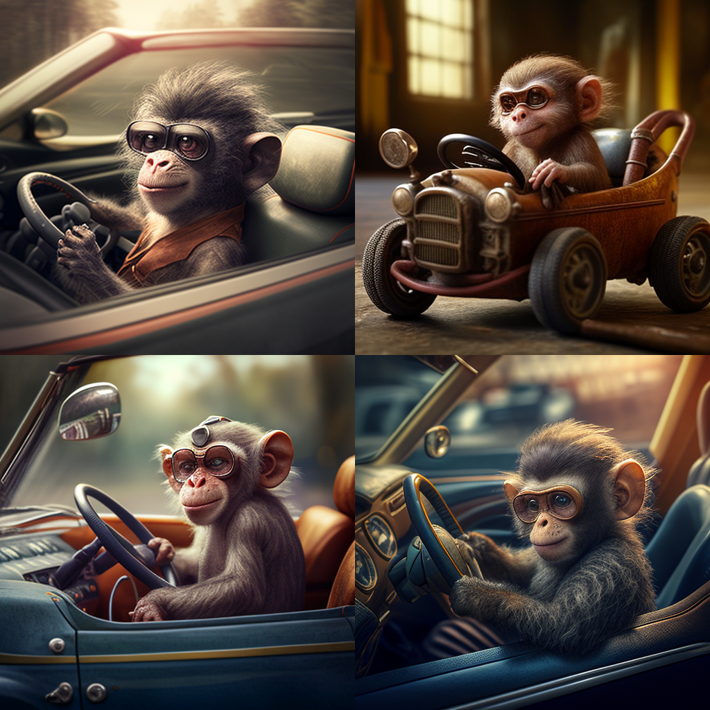 Four whimsical illustrations of a young monkey in different driving scenarios, each showcasing the monkey in vintage vehicles, engaging playfully with driving under various lighting conditions and using home security technology.