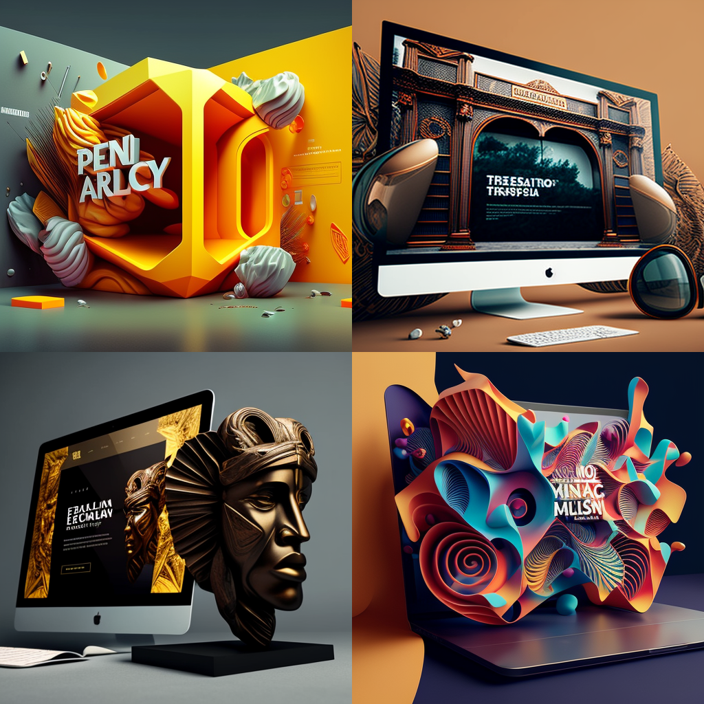 Four 3D graphic designed images featuring bold, artistic elements on computer screens, each showcasing different themes such as vibrant abstract shapes and detailed sculptural representations related to home security technology.