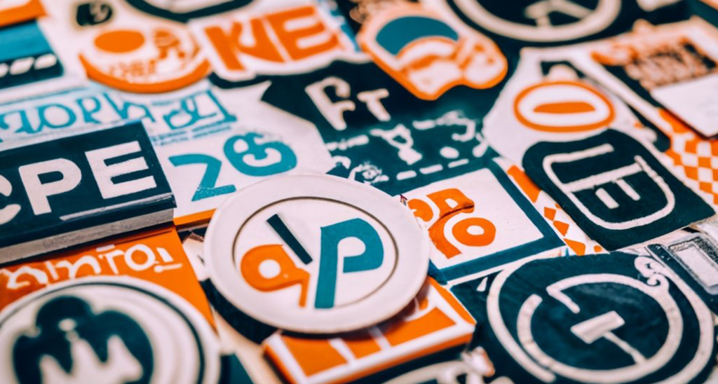 A colorful assortment of various graphic stickers including logo designs, with different symbols and typography, scattered closely together.