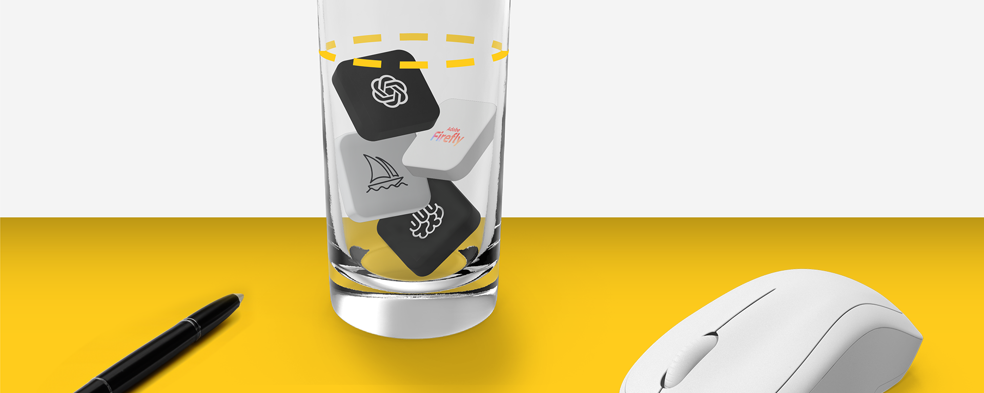 A clear glass containing various icons associated with digital design, including a pen tool and logo design, placed on a yellow surface next to a white computer mouse and a black pen.