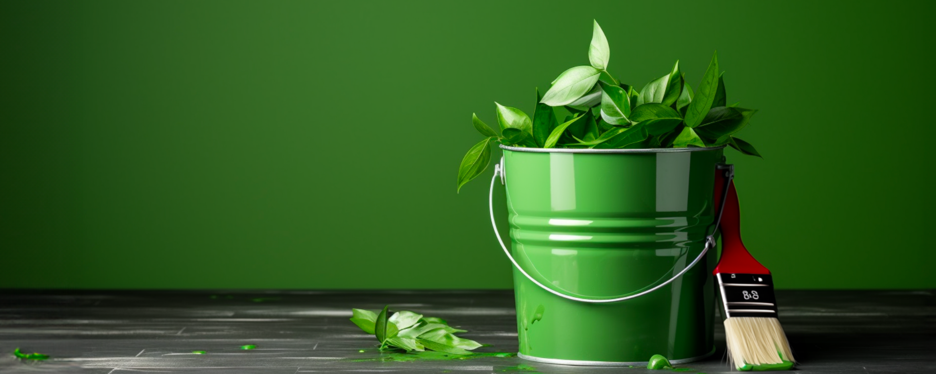 A vibrant green bucket filled with fresh, green leaves stands on a dark surface against a green background, accompanied by a paintbrush with a red handle to its right, representing an example of green marketing.