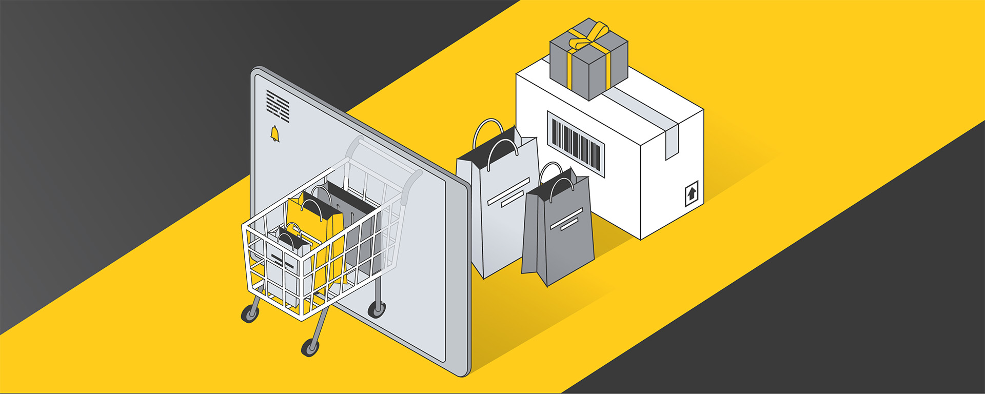 An isometric graphic showing a shopping cart filled with packages moving towards a small warehouse for dispatch on a yellow and gray background, illustrating the dynamics of Retail Media Networks.