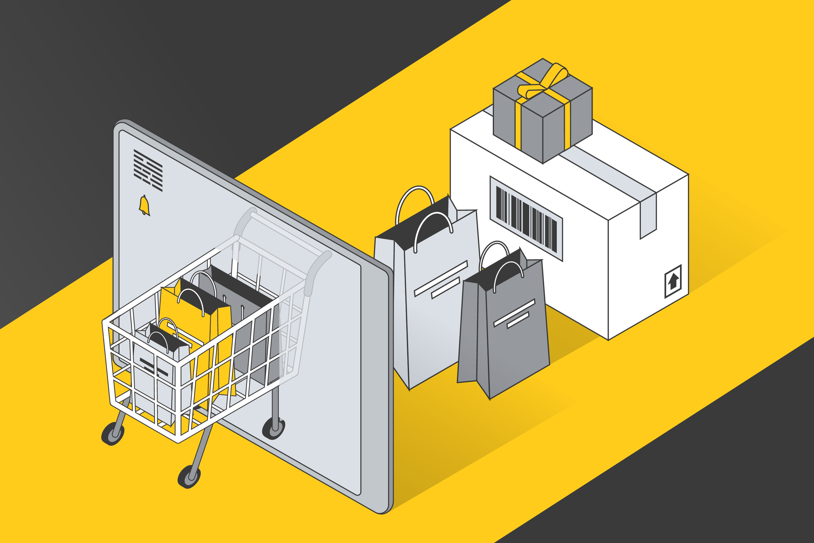 Isometric illustration of a shopping cart filled with bags exiting a computer screen, symbolizing online shopping, with packages and shopping bags nearby on a yellow and gray background, highlighting the concept of Retail Media Networks