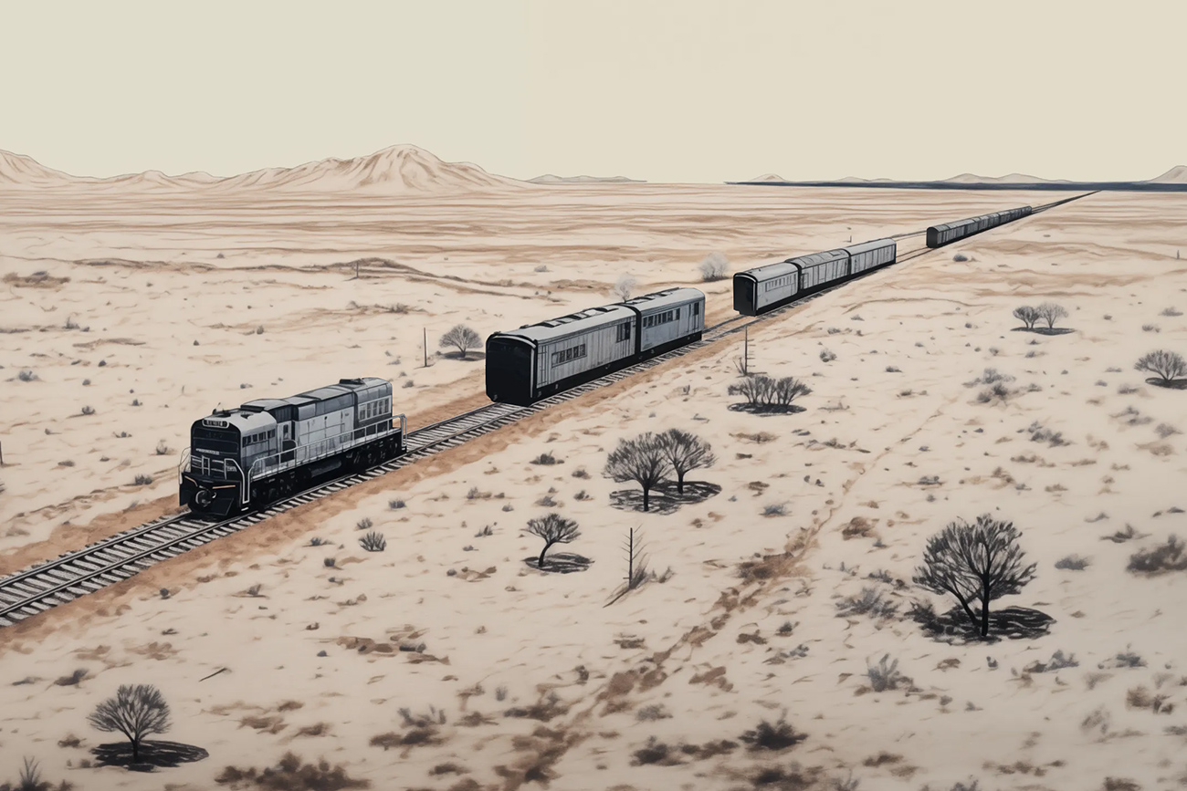 A train travels through a barren desert landscape, with sparse vegetation and sand dunes stretching into the horizon under a cloudy December sky.