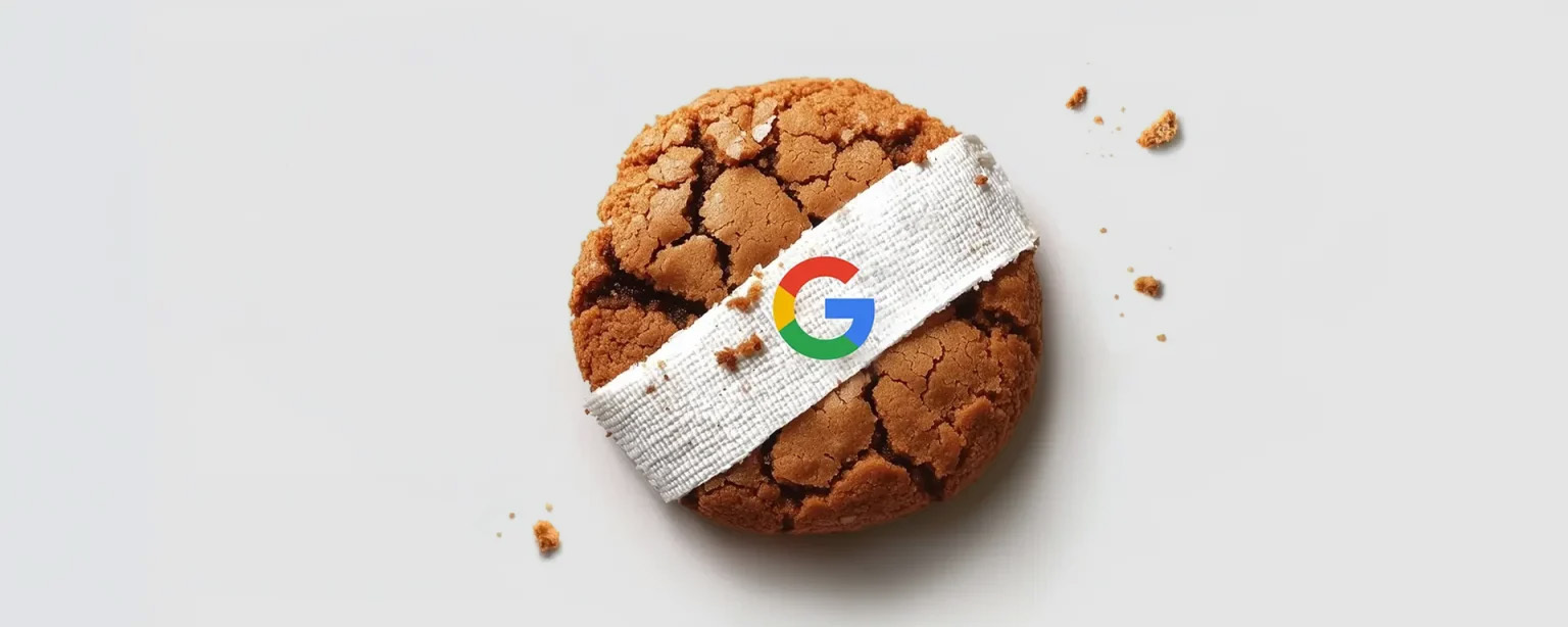 A single cookie with a crack is wrapped in white tape featuring the Google logo, embodying Google's Privacy Plans. The scene, set against a white background, is completed by scattered crumbs.