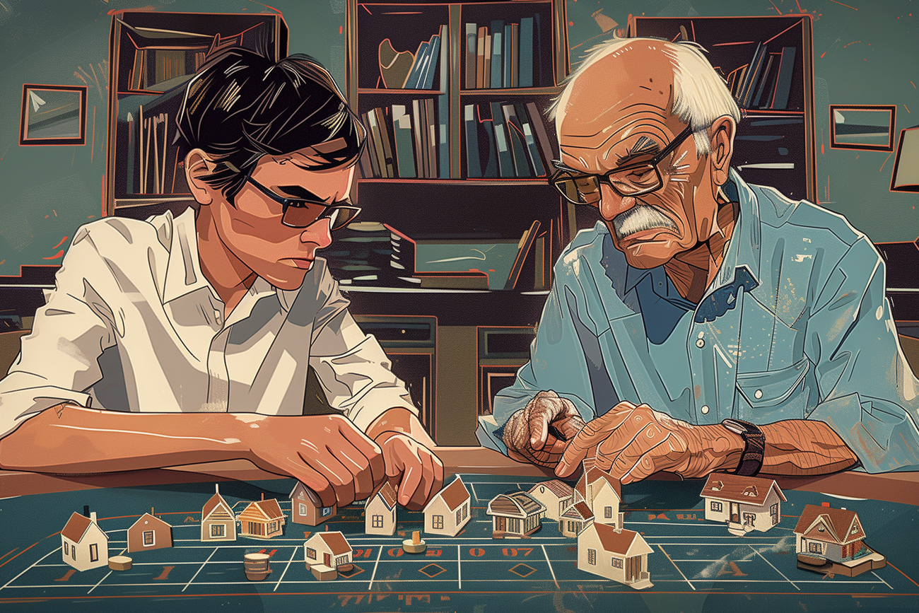 An elderly man and a younger woman concentrate on arranging miniature houses on a detailed map spread across a kitchen table, surrounded by books and paperwork in a cozy, lamp-lit room.
