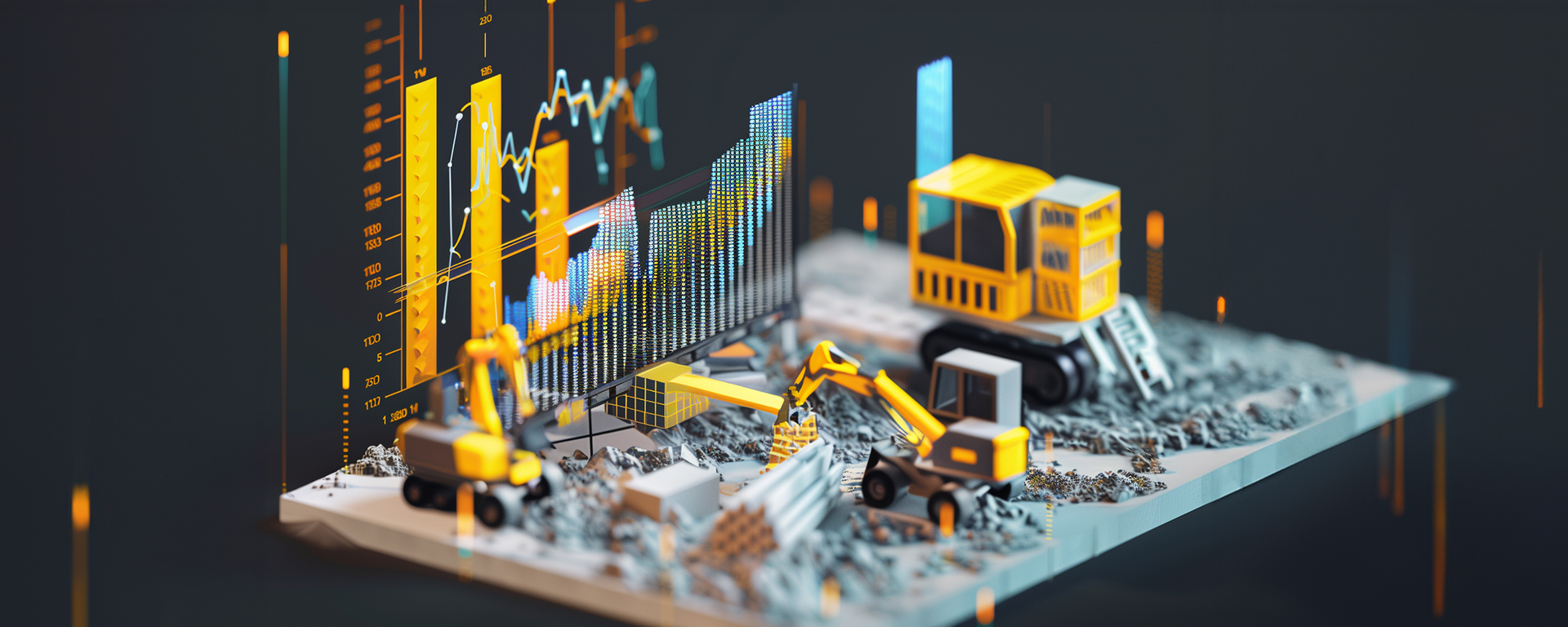 A detailed 3D illustration of a construction site with heavy machinery and vibrant financial graphs representing the latest trends in building industry analytics against a dark background.