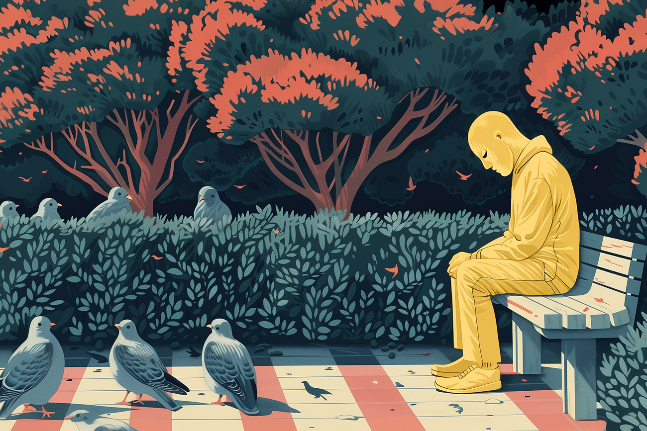 Illustration of a person in a yellow raincoat sitting alone on a park bench, surrounded by pigeons, with vibrant orange and green foliage in the background. This scene subtly incorporates kitchen and bath trends