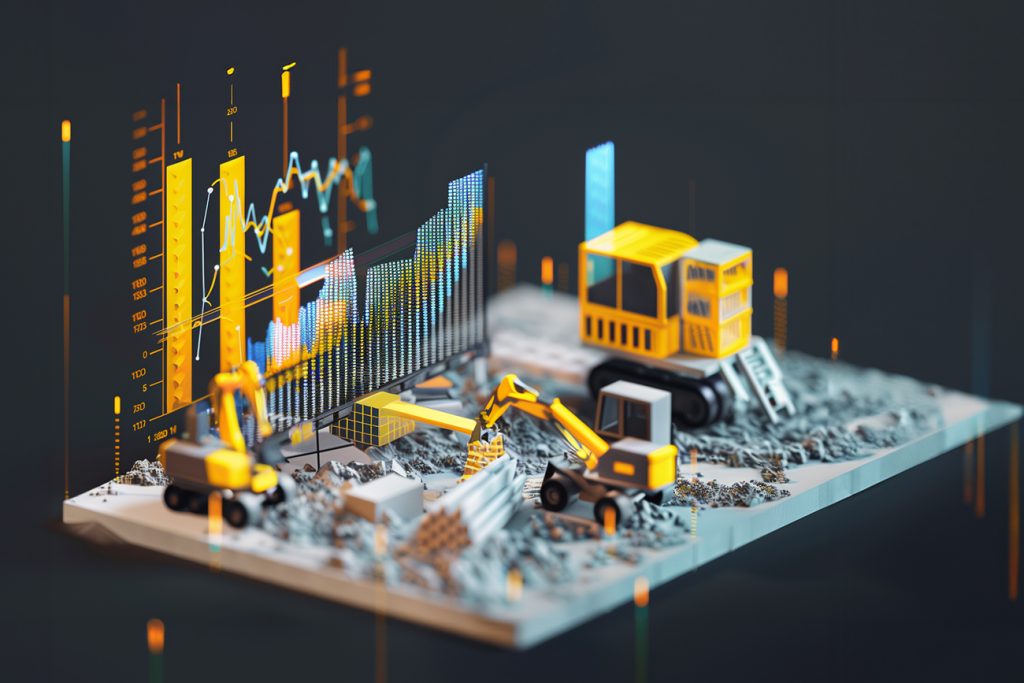 3d illustration of a construction site with miniature excavators, trucks, and a crane on a map displaying rising financial graphs and bar charts, symbolizing the latest trends in economic growth in the construction industry