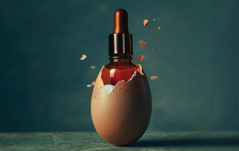 A dropper bottle emerges from a cracked eggshell, surrounded by floating eggshell pieces, against a dark teal backdrop.