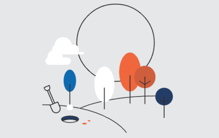 A minimalist illustration featuring a stylized landscape with multicolored trees, a shovel in the ground, a large circle resembling the sun, and a cloud.