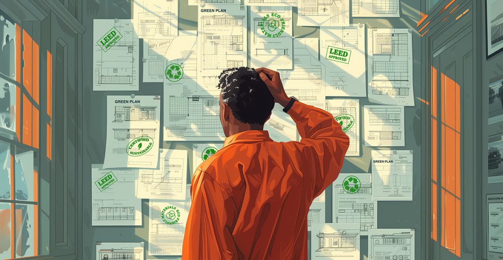 Illustration of a person wearing an orange shirt standing in front of a wall filled with blueprints, charts, and LEED certification documents. Light streams in through the windows, casting shadows and highlighting the individual's puzzled expression as they navigate kitchen and bath trends.