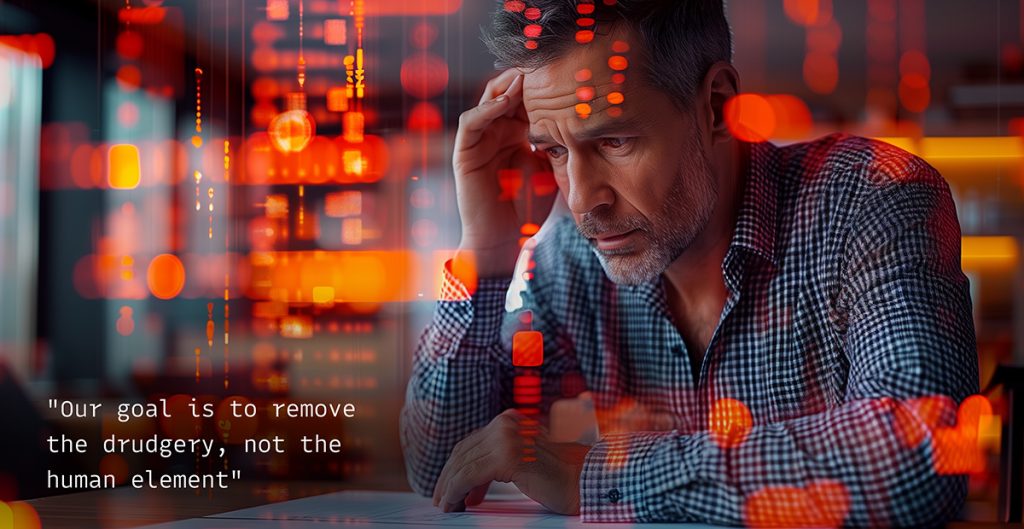A man sits at a desk looking thoughtful with one hand on his forehead. The background is a blend of orange digital circuitry patterns. The text overlay reads, "Our goal is to remove the drudgery, not the human element," aligning with modern kitchen and bath trends.