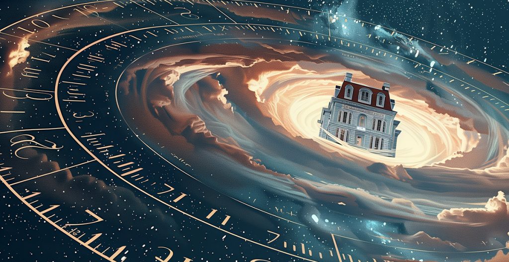 Surreal artwork depicting a Victorian-style house being enveloped by a swirling vortex in space. Surrounding the vortex are cosmic elements, floating clocks, and hints of modern kitchen and bath trends, giving a sense of time travel and otherworldliness.