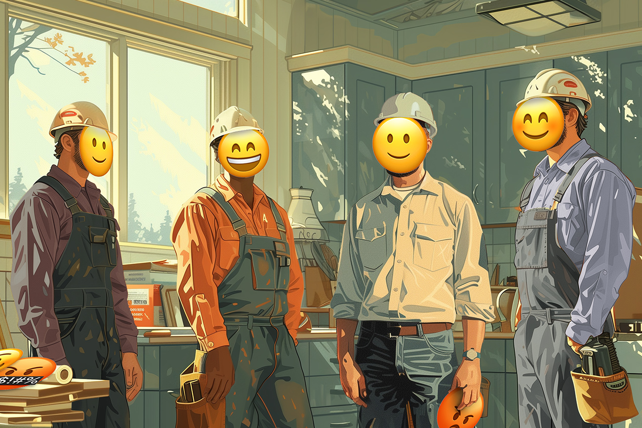 A group of four people wearing construction outfits and hard hats stand in a brightly lit room with large windows, discussing the latest kitchen and bath trends. Their faces are replaced by smiley face emojis. The room features tools and various construction materials.