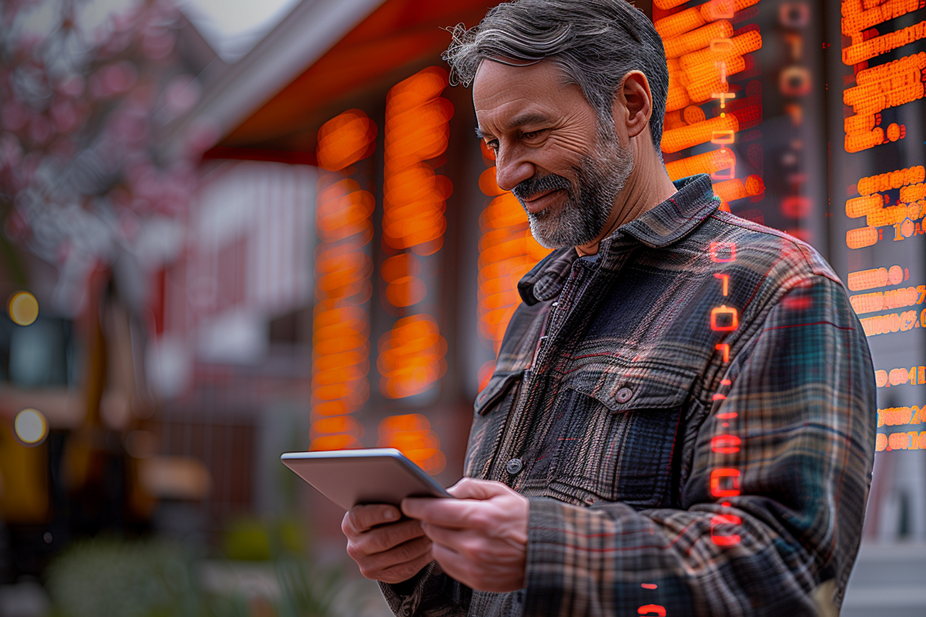 A smiling man with a beard, wearing a plaid jacket, stands outdoors while using a tablet. The background features a blurred array of orange digital numbers and a modern building with some greenery visible, hinting at the latest in kitchen and bath trends.
