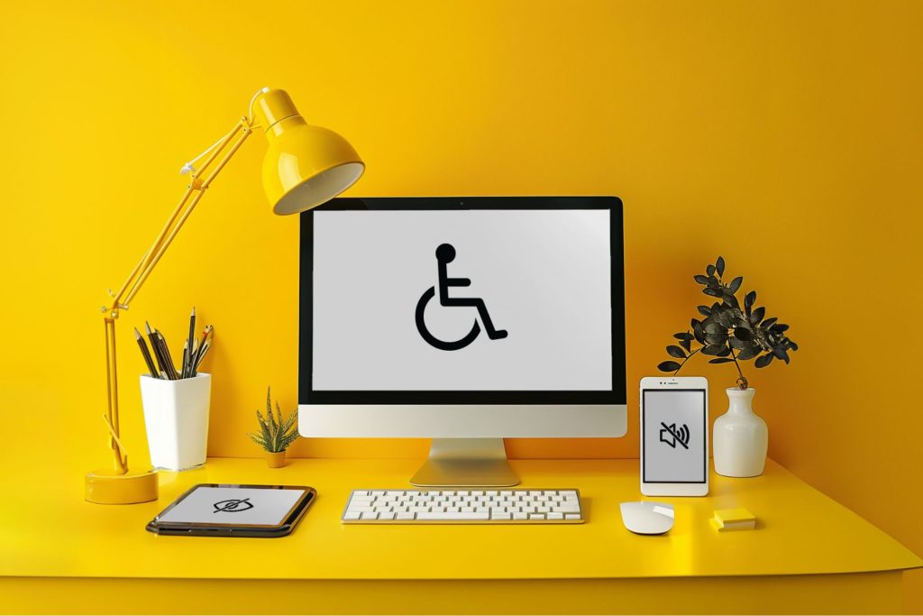 A bright yellow desk setup features a computer, a tablet, and a phone, each displaying accessibility icons. The workspace includes a lamp, potted plants, a keyboard, a mouse, and stationery—all set against a vibrant yellow background—mirroring the latest trends showcased at IBS 2024.
