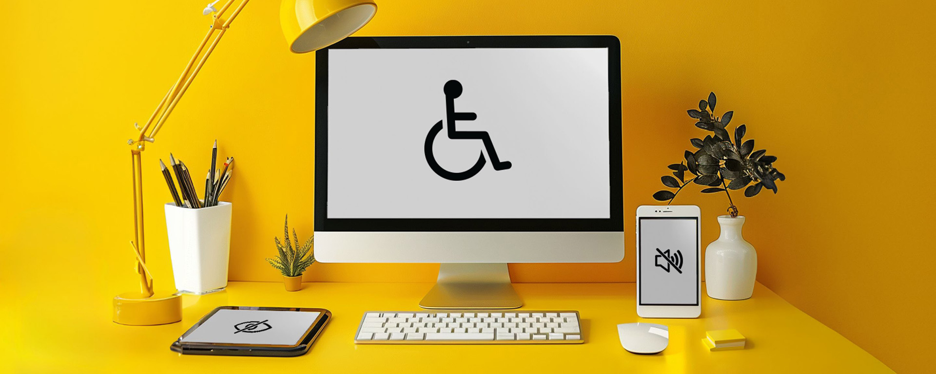 A bright yellow desk setup blends the digital world and physical world seamlessly, featuring a desktop computer, tablet, smartphone, and various plants. The computer and tablet display accessibility symbols for wheelchairs, while the smartphone shows a muted volume icon. A keyboard, mouse, and desk lamp complete the arrangement.