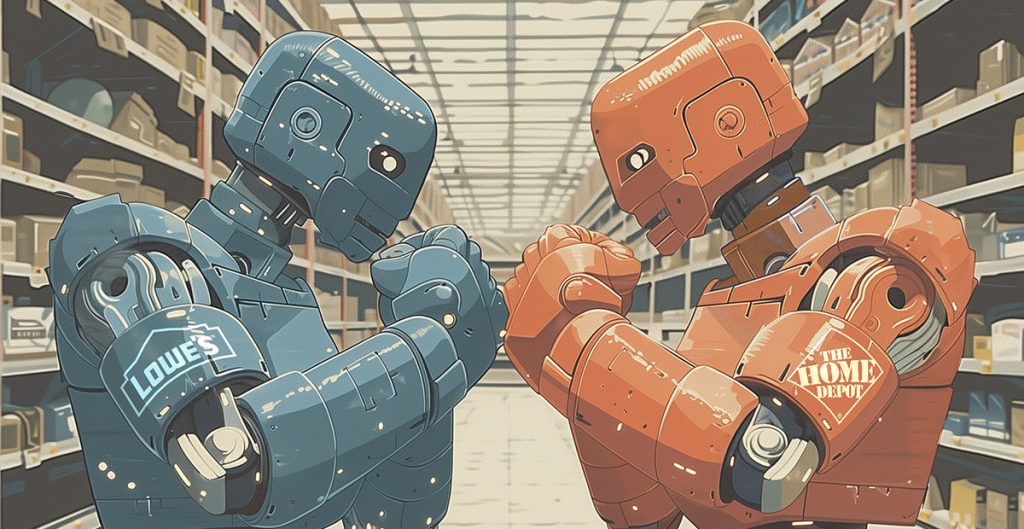 Two anthropomorphic robots, one blue with the "Lowe's" logo and the other orange with the "Home Depot" logo, stand face-to-face in a warehouse aisle, poised to arm wrestle. Brands well-known for home improvement clash amidst shelves filled with various items in the background.