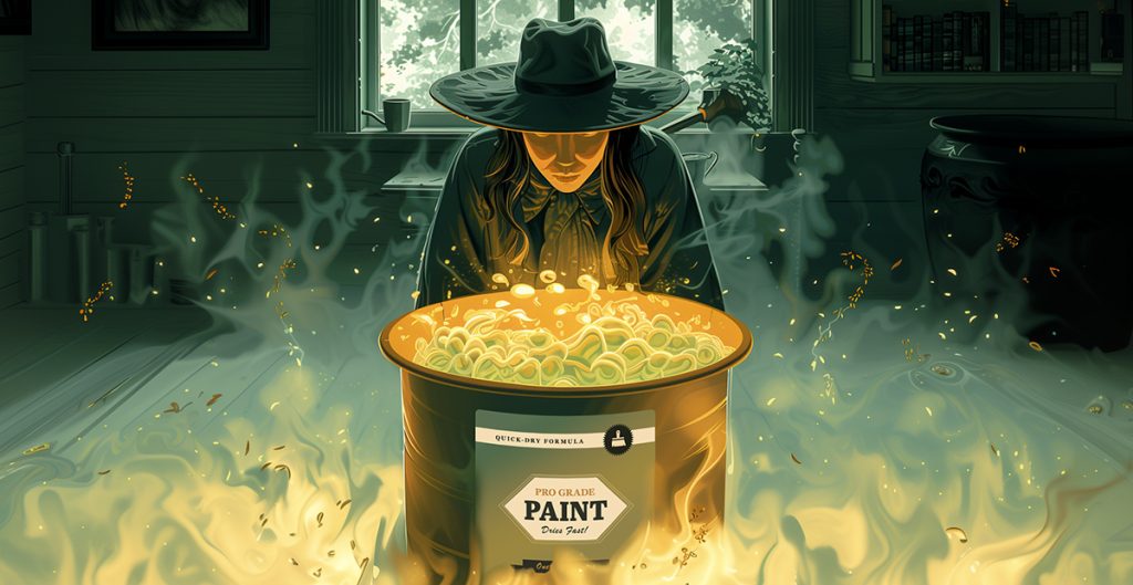 A person wearing a dark hat and coat stands before a glowing, enchanted paint can labeled "Pro Grade Paint." Swirling luminous tendrils rise from the can, and golden flames surround it, illuminating the dark room with a mystical light—a scene straight out of the best home-improvement brands' magical topics.