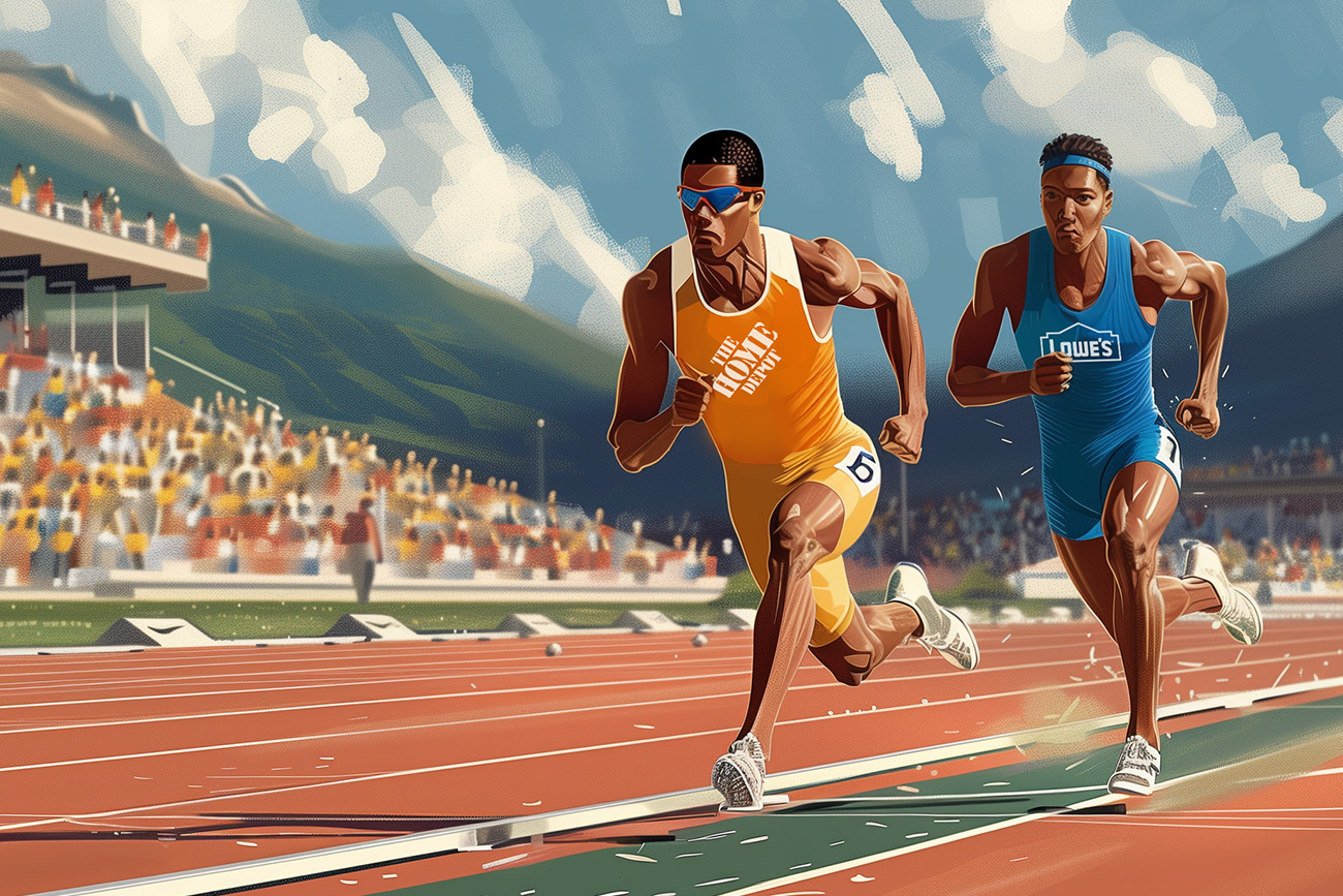 Illustration of two male sprinters competing on a track. The runner on the left wears an orange uniform and sunglasses, while the runner on the right wears a blue uniform. The stadium is packed with spectators, discussing hot topics, with mountains visible in the background.