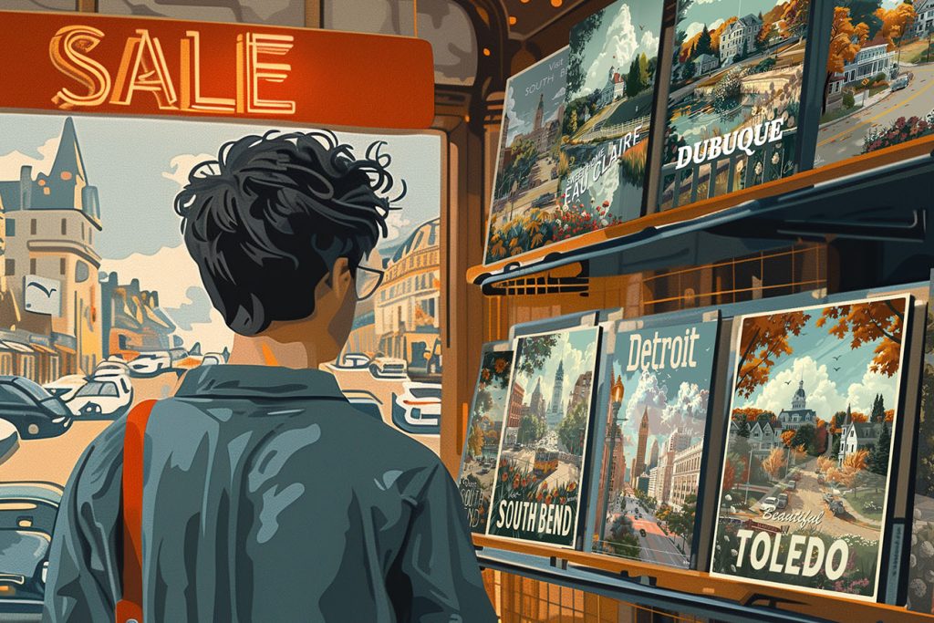 A person with short dark hair and glasses wearing a blue jacket and red backpack stands in front of a display of postcards on sale. The postcards, perfect for June travels, feature various cities including Detroit, South Bend, Toledo, Dubuque, and others. The scene depicts a busy urban setting bustling with brands.