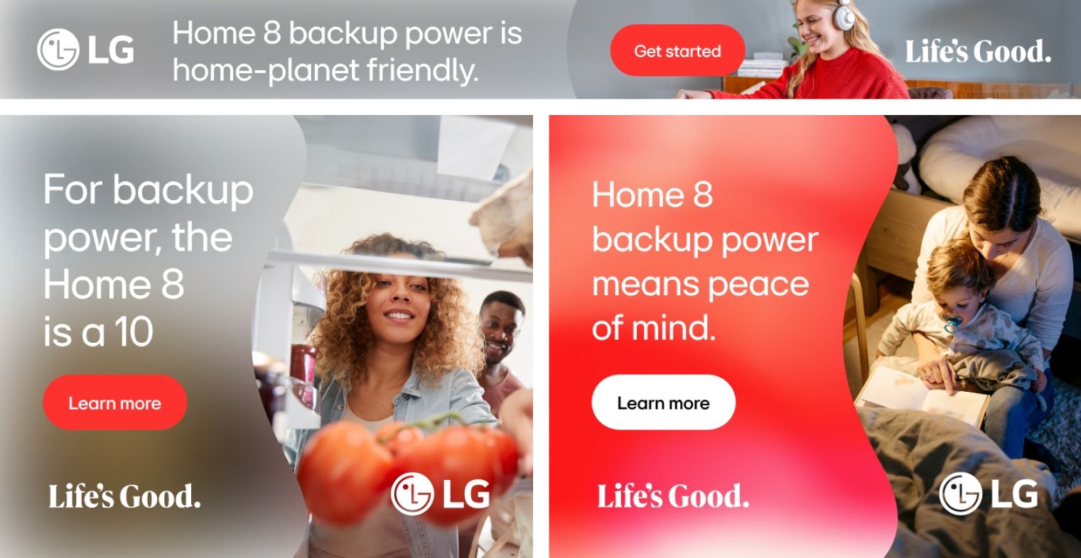 An LG advertisement contains three panels showcasing diverse people in home environments. Text highlights the benefits of their Home 8 backup power system, emphasizing eco-friendliness, peace of mind, and excellence. CTA buttons read "Learn more" and "Get started.