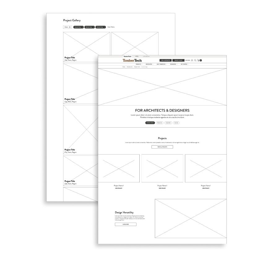 Two overlapping wireframe webpage layouts on a white background. The front layout features sections titled "For Architects & Designers," "Projects," and "Design Versatility." The back layout shows a "Project Gallery" section with labeled boxes. Both use placeholder images.