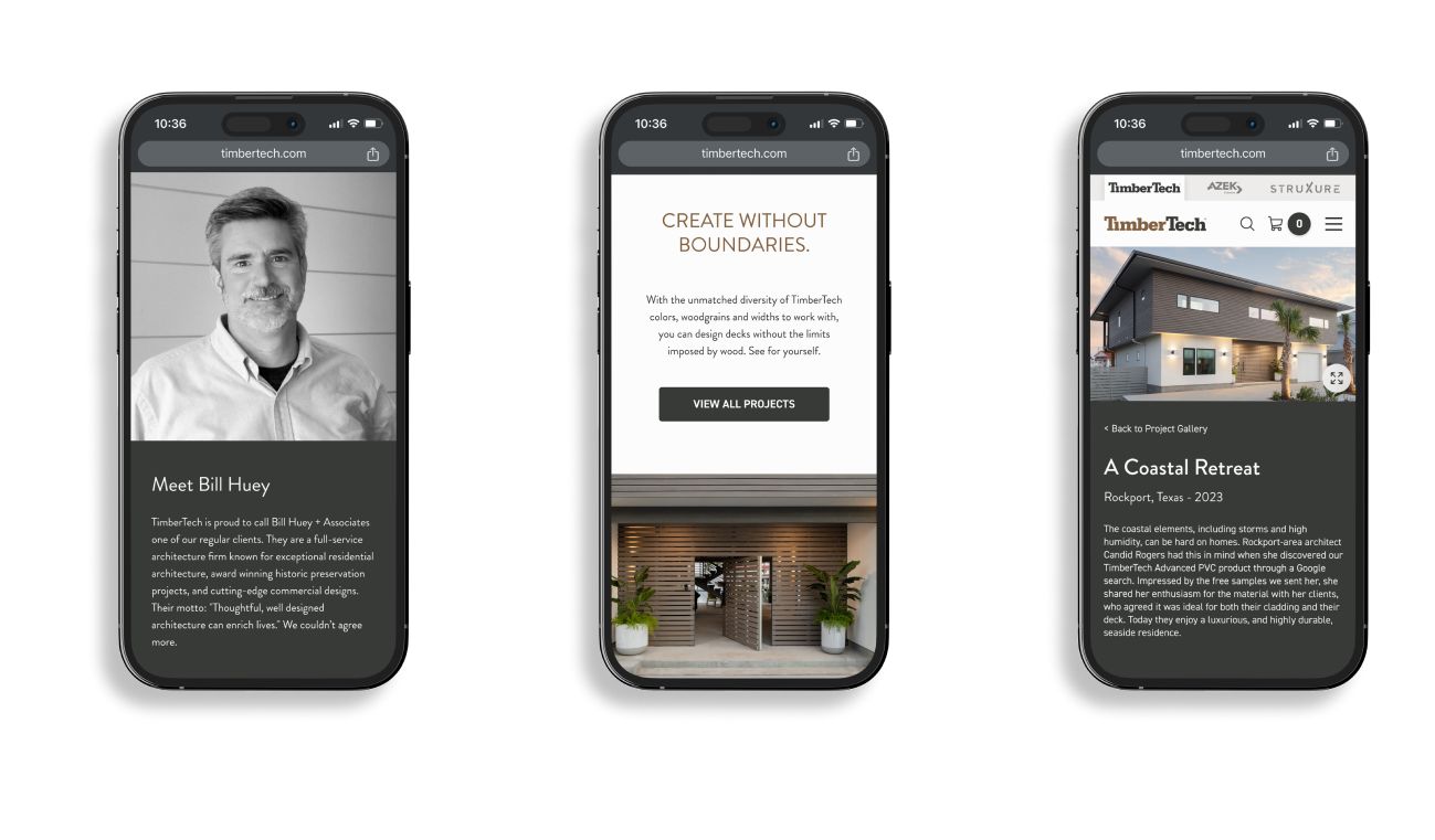 Three smartphones display different pages of a website. The first phone presents a profile of Bill Huey, the second one has text about creating without boundaries and a button labeled "View All Projects." The third shows a modern, coastal house labeled "A Coastal Retreat.