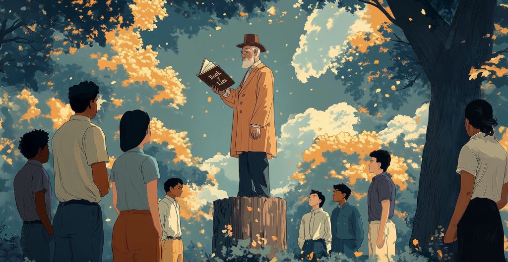 An illustration of an elderly man with a white beard, standing on a tree stump in a forest, wearing a long coat and hat, and holding a large book. Surrounded by six people attentively listening under the August sun, the background includes lush trees and dappled sunlight.