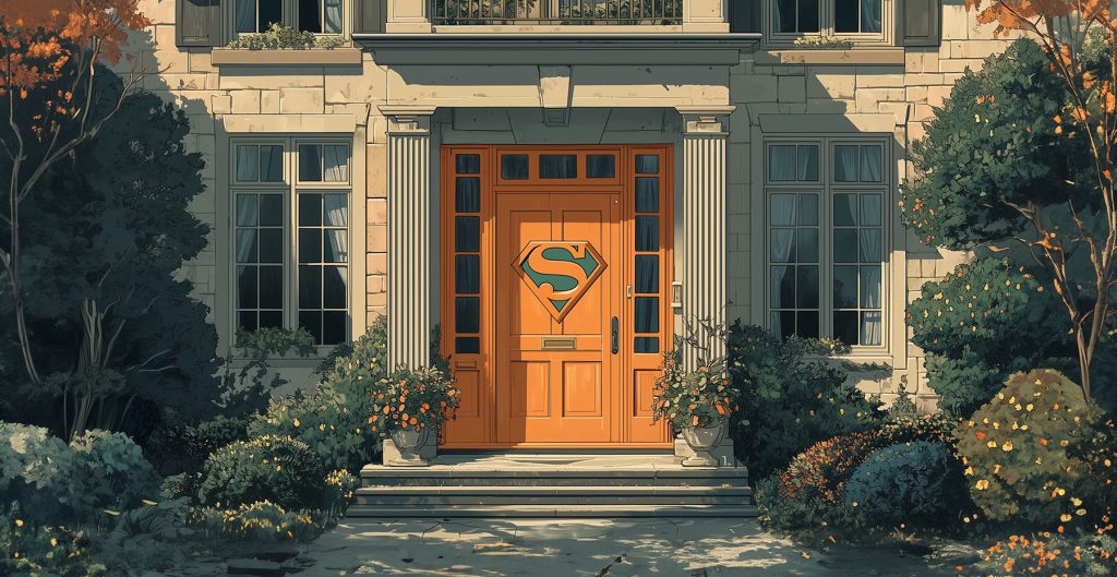 Illustration of a stately home's entrance with a large wooden door prominently featuring the Superman logo. The door is flanked by tall windows and framed by stone columns. Lush greenery surrounds the entrance, creating a picturesque, inviting appearance—a true marvel in home improvement.