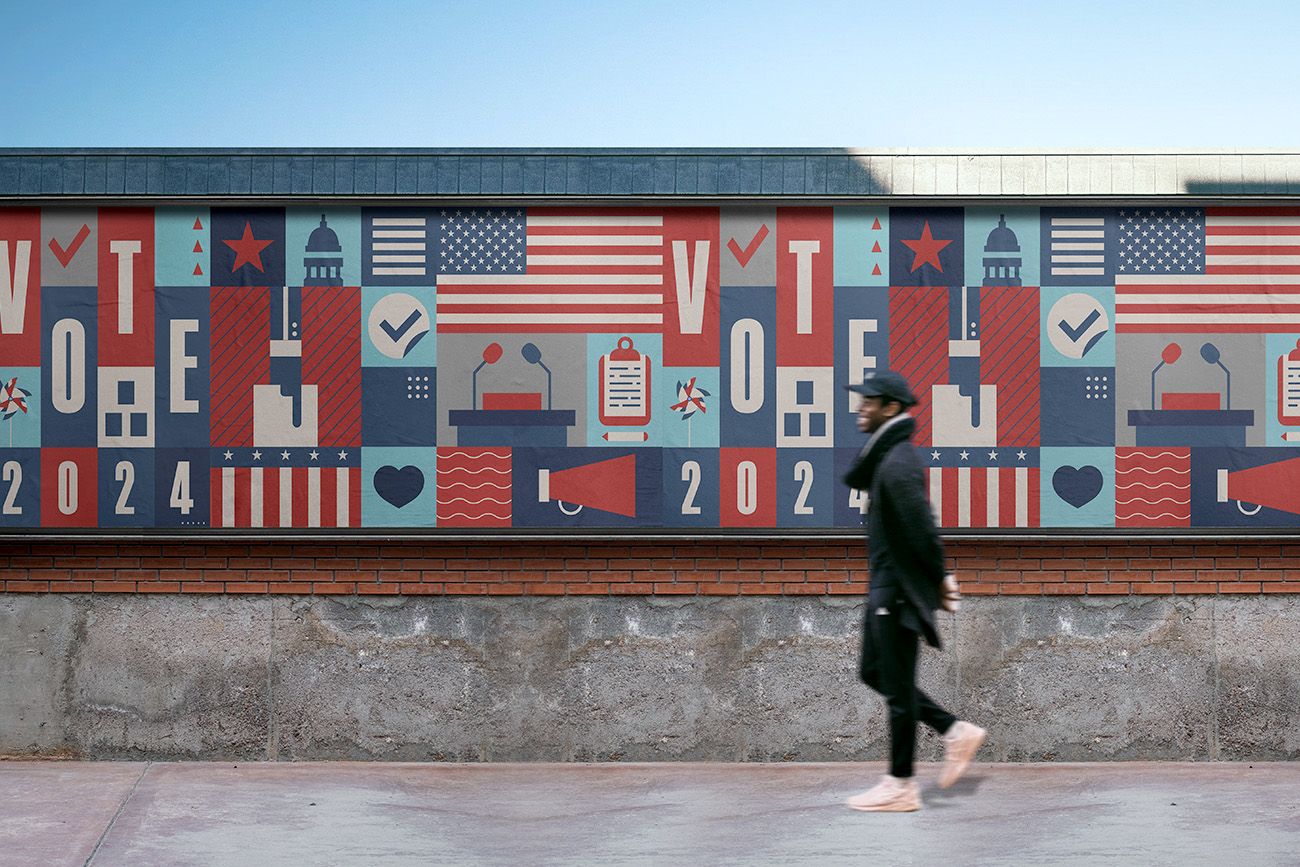 A person walks past a vibrant mural featuring patriotic imagery such as American flags, voting-related symbols, and the year "2024." The mural, a perfect example of political advertising, prominently displays the word "VOTE" in bold letters. The background showcases a mix of red, white, and blue colors.