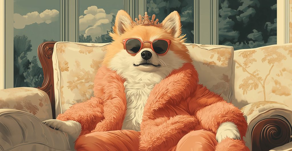 A regal corgi is lounging on an ornate armchair. The dog is adorned with a sparkling tiara and red sunglasses, and is draped in a luxurious orange fur coat. The background features large windows with a view of trees and a cloudy sky.