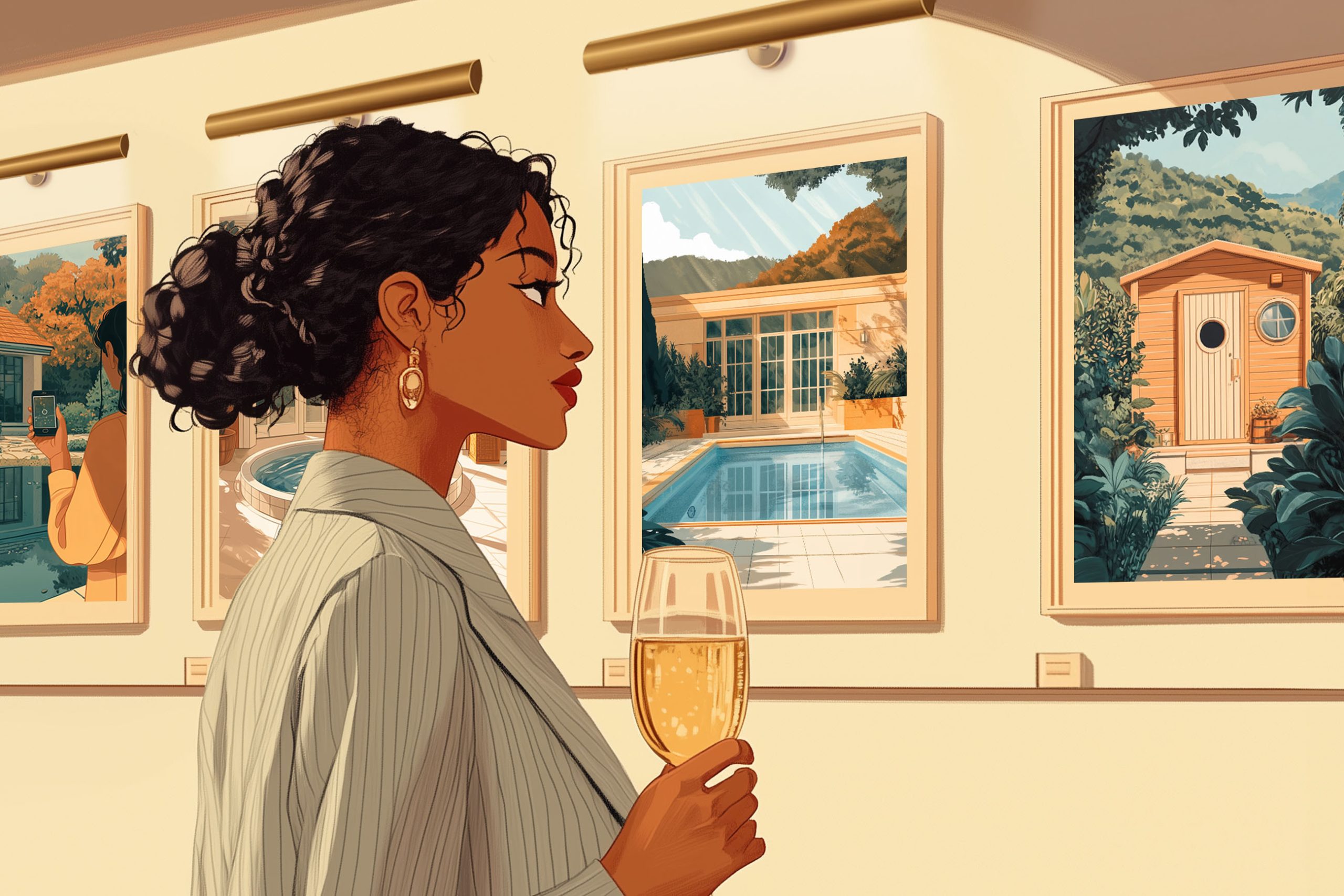 A person is gazing at framed pictures displayed on a gallery wall, holding a glass of champagne. The images depict serene outdoor scenes, including a pool and a small wooden cabin surrounded by lush greenery. The individual has curly hair and is wearing a striped outfit.