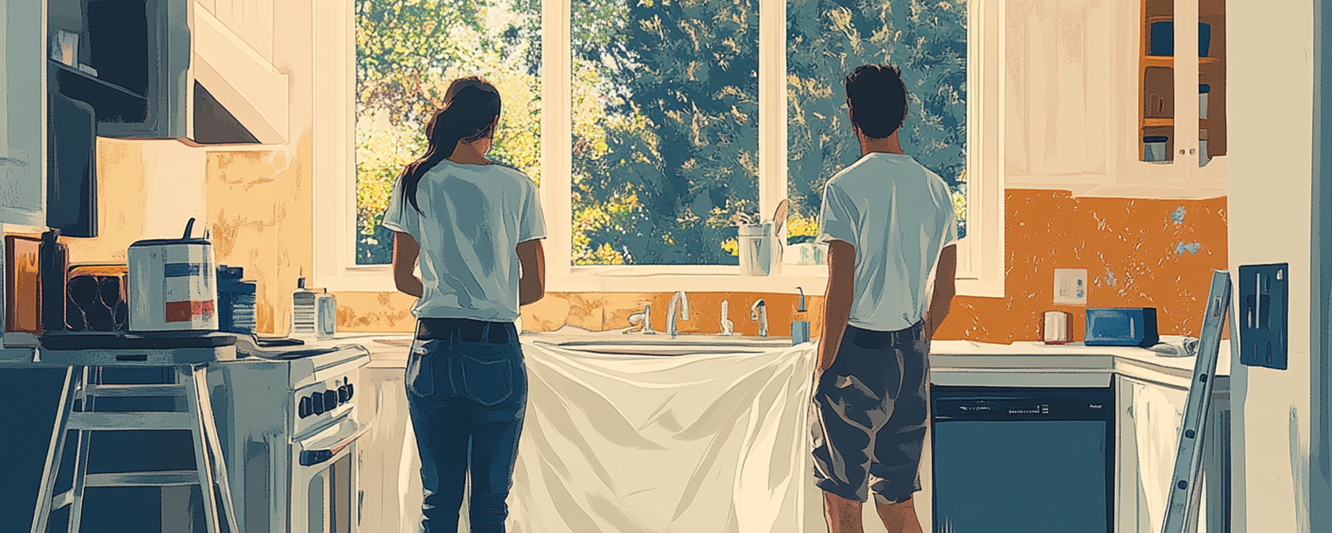 A man and a woman stand in a kitchen under renovation, embracing the latest home improvement trends. They gaze out of a large window, sunlight illuminating white cabinets and scattered tools. Paint cans hint at industry's future transformations while a drop cloth covers the sink area.