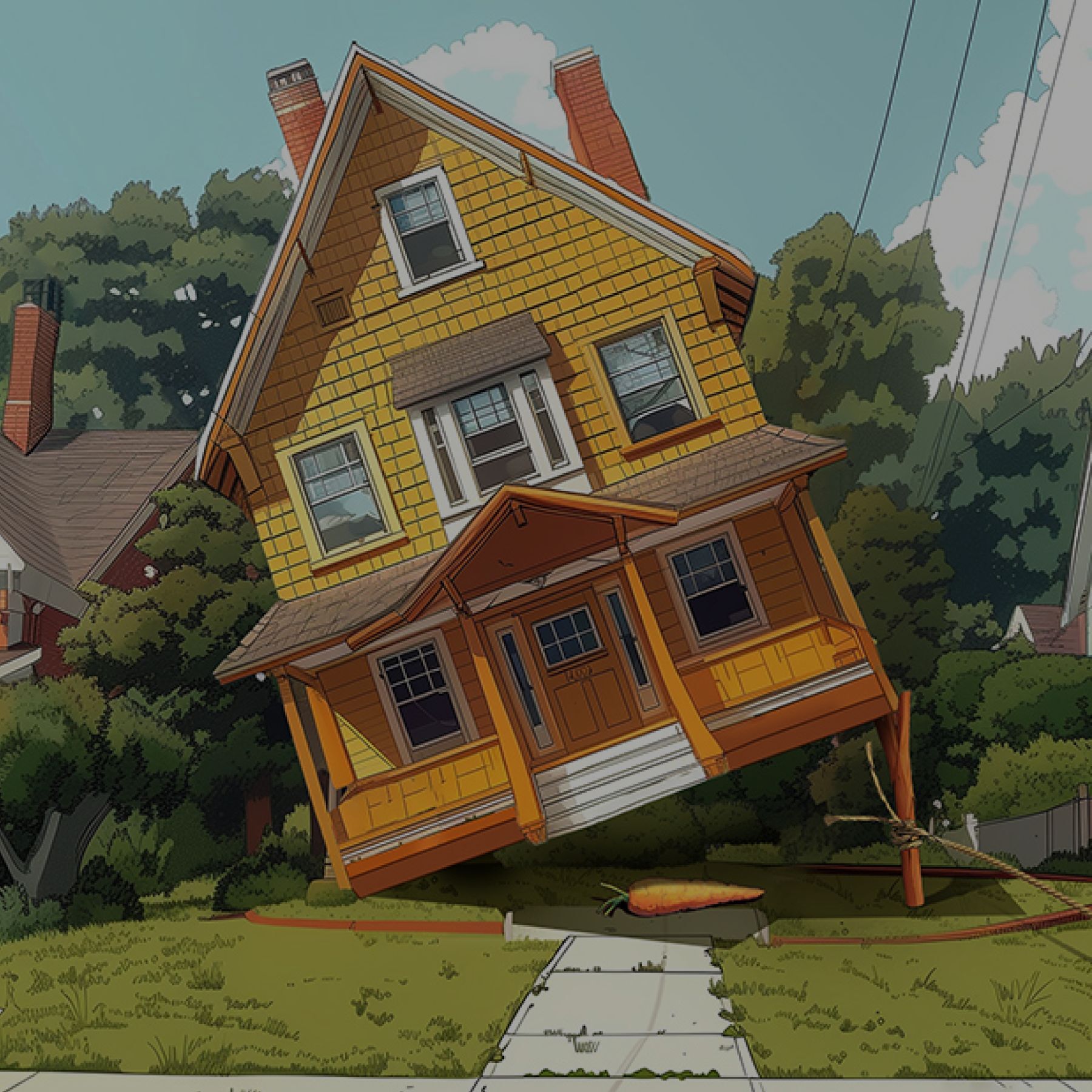 An illustration of a house tilted at an angle, with its foundation lifted from the ground. A tree stump and severed power lines are visible nearby. The sky is clear, and neighboring houses are seen in the background surrounded by trees.