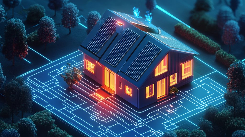 A futuristic home with glowing windows is surrounded by illuminated circuit-like lines, symbolizing industry's future in technology integration. The solar-panelled roof and trees suggest eco-friendliness, while the blue and orange color palette sets a modern trend in design.