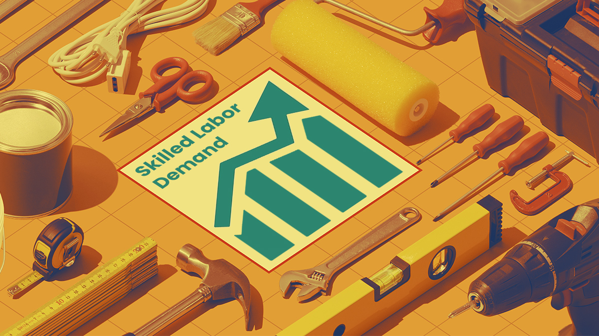 A variety of tools, including a paint roller, brushes, screwdrivers, and a wrench, are arranged around a sign depicting an upward arrow and the text "Skilled Labor Demand" on an orange background. This visual highlights industry trends driving home improvement needs.