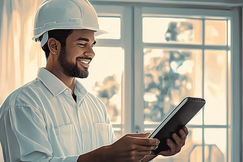 A person wearing a white hard hat and shirt smiles while looking at a tablet, keeping up with industry trends. They stand indoors near a large window, with blurred outdoor scenery visible in the background.