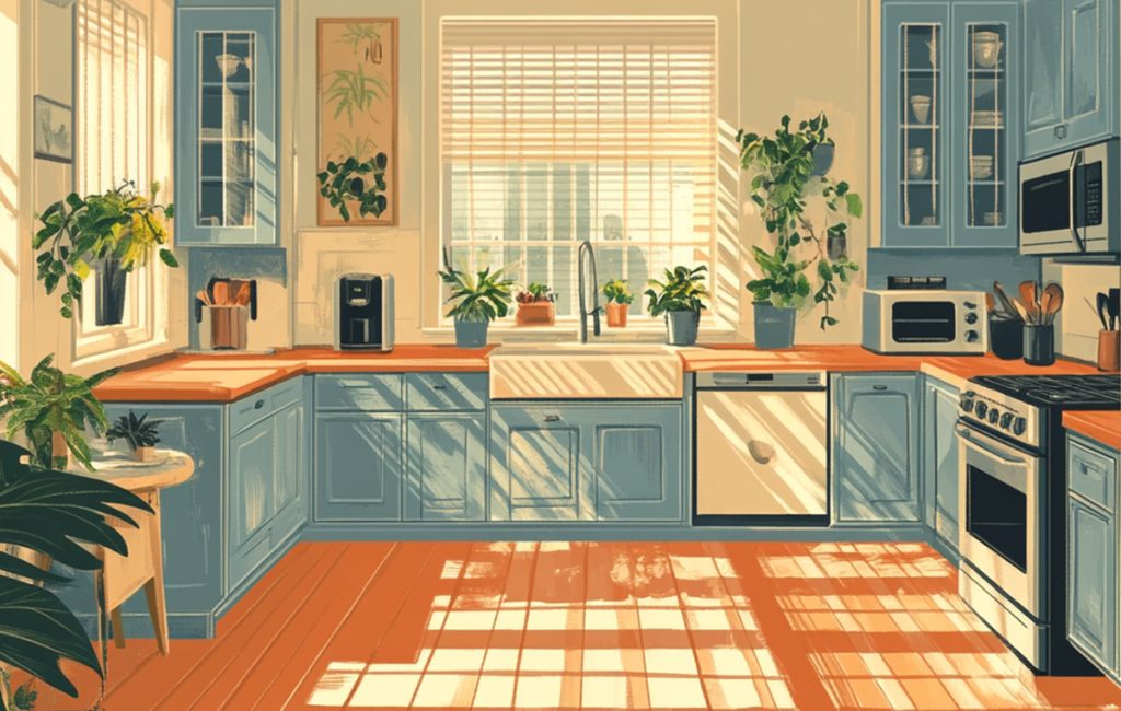 A bright kitchen with blue cabinets, a farmhouse sink, and various plants on the counter reflects modern home improvement trends. Sunlight streams through a window with blinds, casting striped shadows on the wooden floor. Kitchen appliances are neatly arranged.