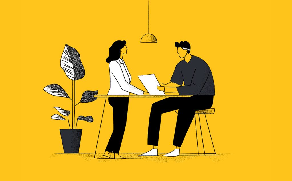 Illustration of a woman and a man at a table against a yellow background. With leaders in mind, the woman stands confidently holding a tablet, while the man is seated with his laptop. A potted plant adds life beside them, and a hanging light illuminates their collaborative atmosphere.