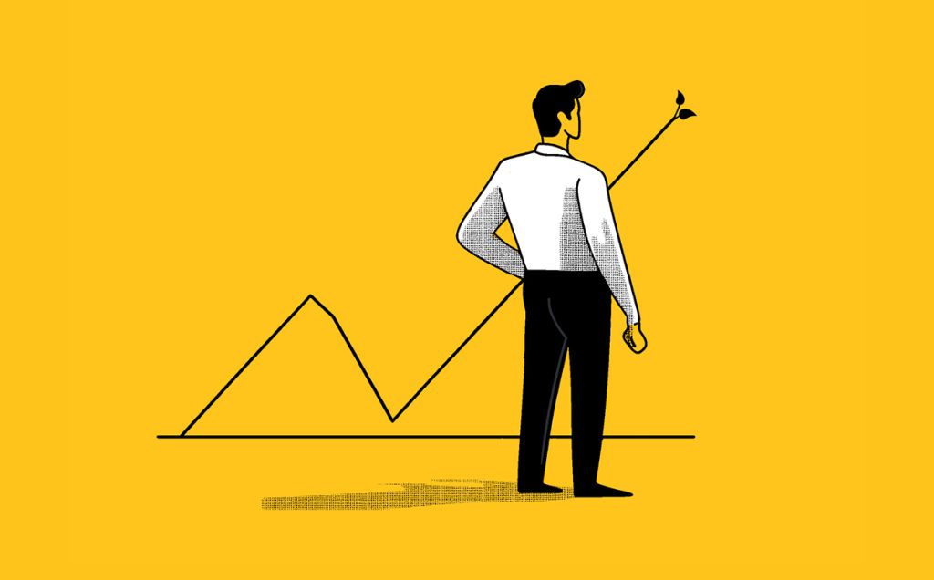 Illustration of a marketing leader in a white shirt and black pants, standing and observing a line graph on a yellow background. The graph features a rising trend with a plant sprout at the end, symbolizing growth or progress expected in Q4/24.