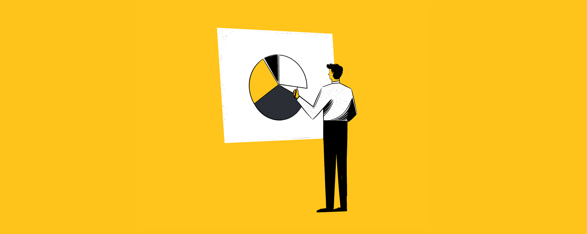 Illustration of a person in business attire, resembling marketing leaders, pointing at a pie chart with black, white, and yellow segments against a bright yellow background.