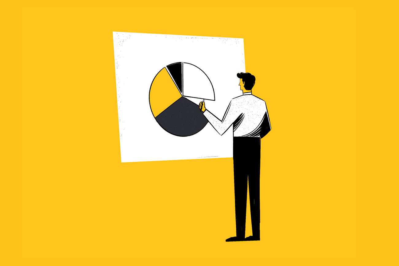 An illustration of a marketing leader standing and pointing at a pie chart on a large whiteboard. The chart, designed for Q4/24, features four segments in black, white, and yellow against a vibrant yellow background.