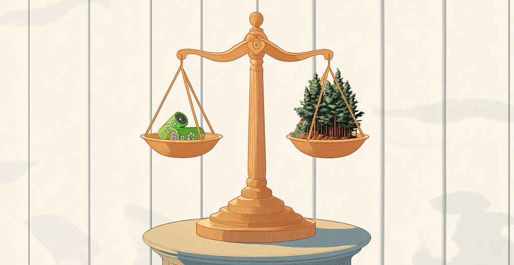 Illustration of a balance scale with batteries on one side and a forest with trees on the other, symbolizing the weighing of environmental impacts and highlighting an energy moment focused on sustainable choices.